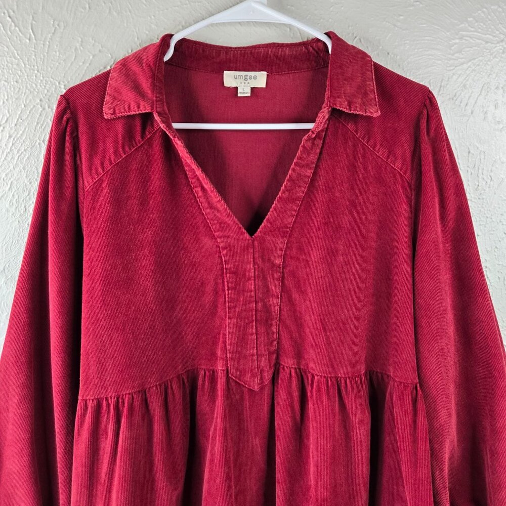 Umgee Tiered Dress Lrg Red Corduroy Boho Peasant Western Relaxed Fit Mini Shift - Picture 4 of 14